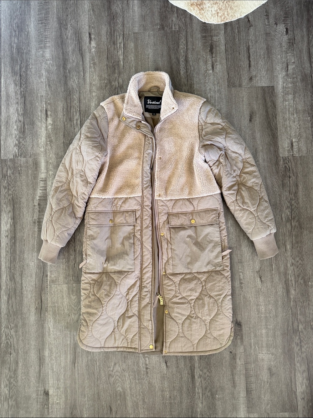 Vibrant Vestival Quilted Sherpa-Trim Long Puffer Coat in Taupe